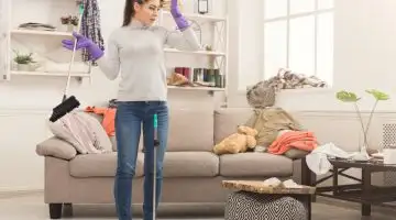 Shocked,Woman,With,Special,Equipment,Cleaning,House.,Young,Girl,Surrounded